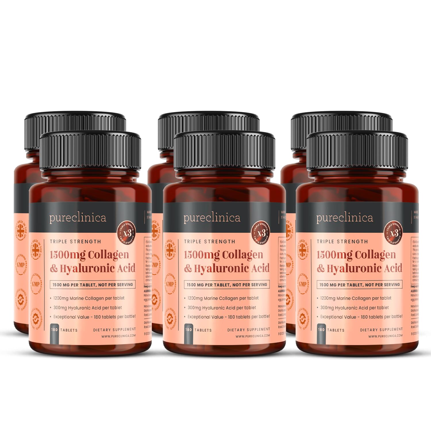 1500mg x 1080 Tablets 1200mg of UltraColl Collagen 300mg of Hyaluronic Acid per Tablet 6 Bottles of 180