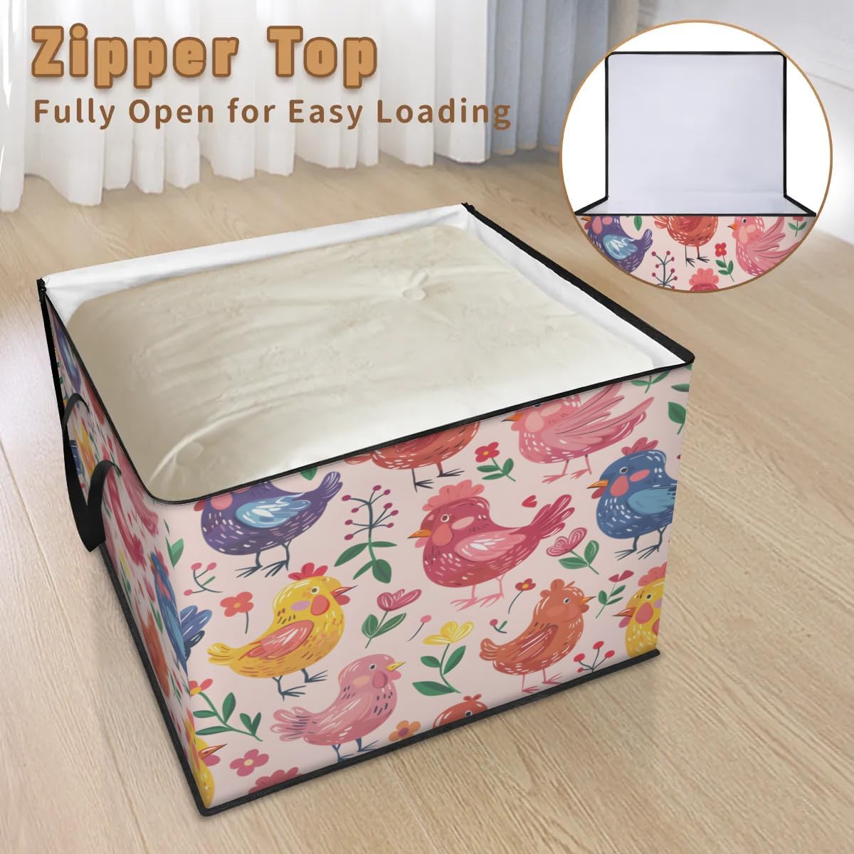 Honeybaby 214L Extra Large Comforter Storage Bag Colorful Chicken Floral Storage Totes with Lids Waterproof Closet Organizer Folding Blanket Storage Bags for Clothes Bedding Pillows
