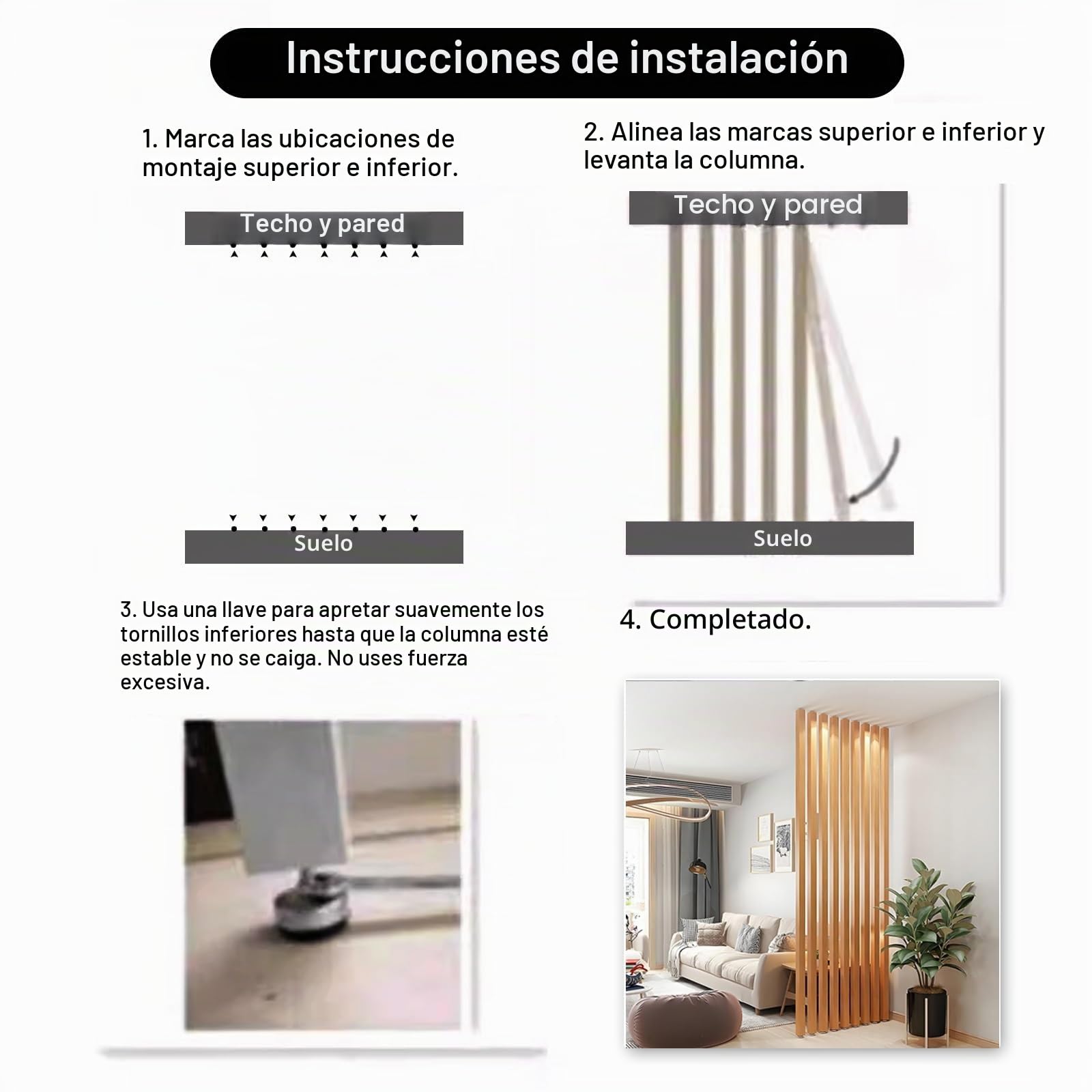 Separador de Ambientes ，Partición de Pared Separador de ambientes De Suelo a Techo Lamas ， Poste Separador Sala de Estar Sencillo， Moderno Entrada Restaurante Oficina(4 Root,100cm/39.3in/3.28ft)