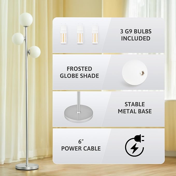VONLUCE VONLUCE Mid Century Modern Floor Lamp 65", 3 Globe Lights Standing Lamp with LED Bulbs & Frosted Shades, Contemporary Dimmable Tall Pole Lamp for Living Room Bedroom Office, Nickel photo 3