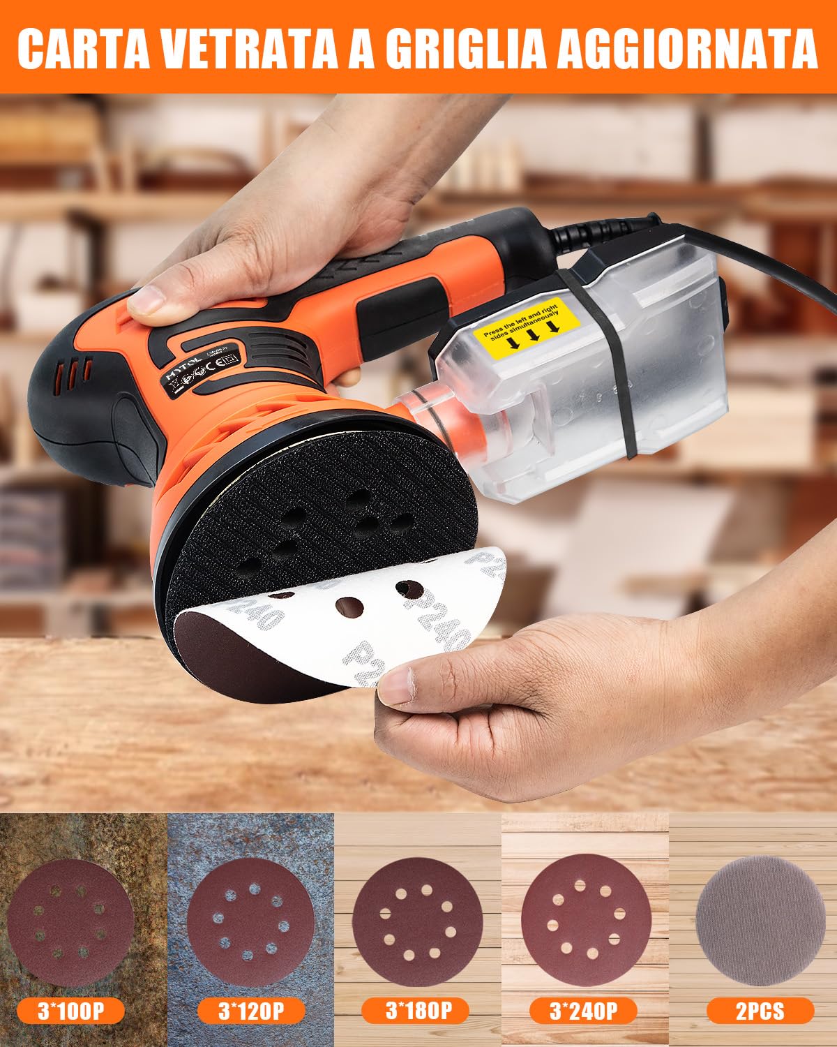 MYTOL 350W Levigatrice orbitale,7 velocità variabili,14 pezzi di carta vetrata(2 vetrata senza polvere)e raccoglitore di polvere,6000-13000U/min,125MM Levigatrice per Legno per la levigatura del legno