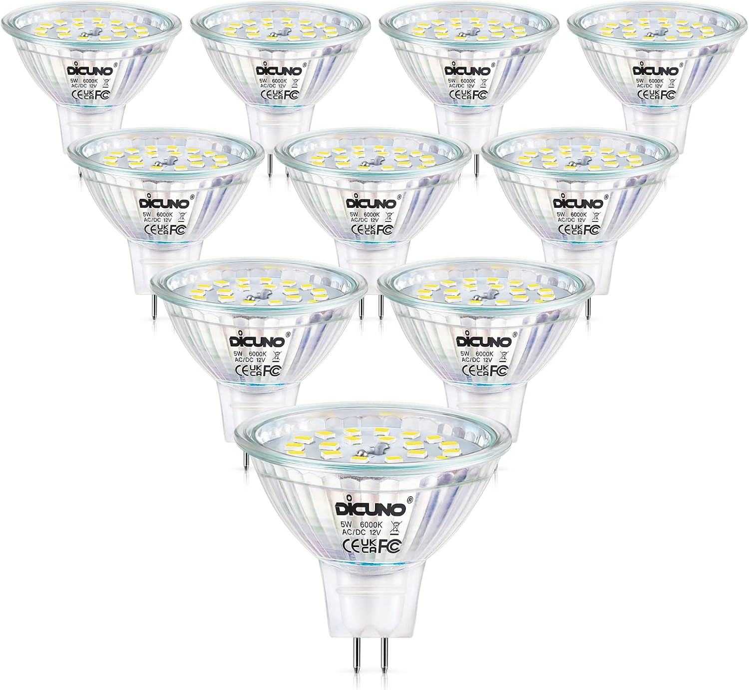 DiCUNO MR16 LED Bulbs Dimmable Daylight White 6000K 50W Halogen Equivalent 12V AC/DC, 5W GU5.3 Bi-Pin Base Bulb, 120 Degree Beam Angle 500LM, Landscape Light Recessed Track Lighting, 10 Pack