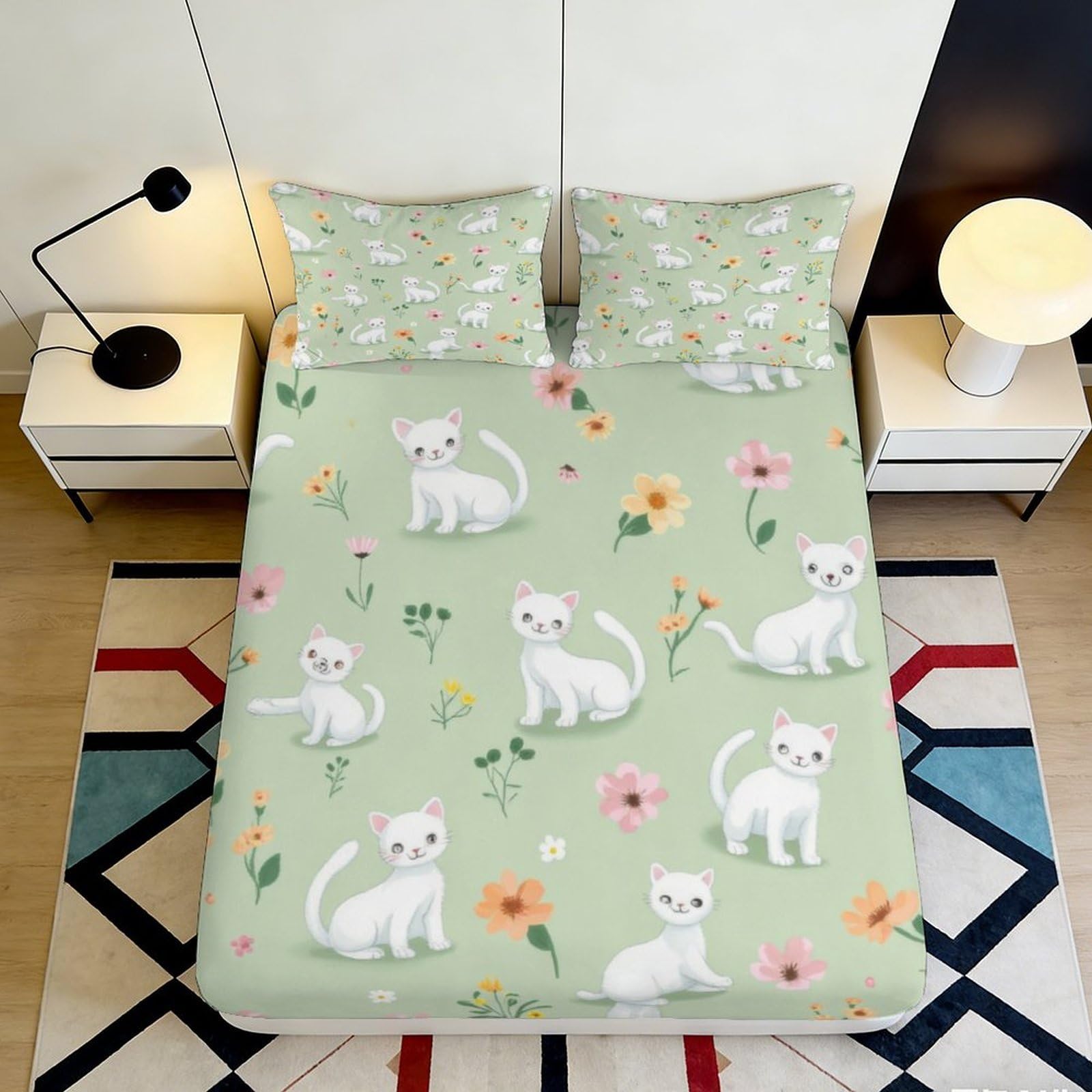 3D Printed Cartoon Puppy Fitted Sheet Microfiber Deep Pocket Bedroom Bedding Puppy Mattress Fitted Cover Non-Slip Washable Full Wrap 200x200x25cm