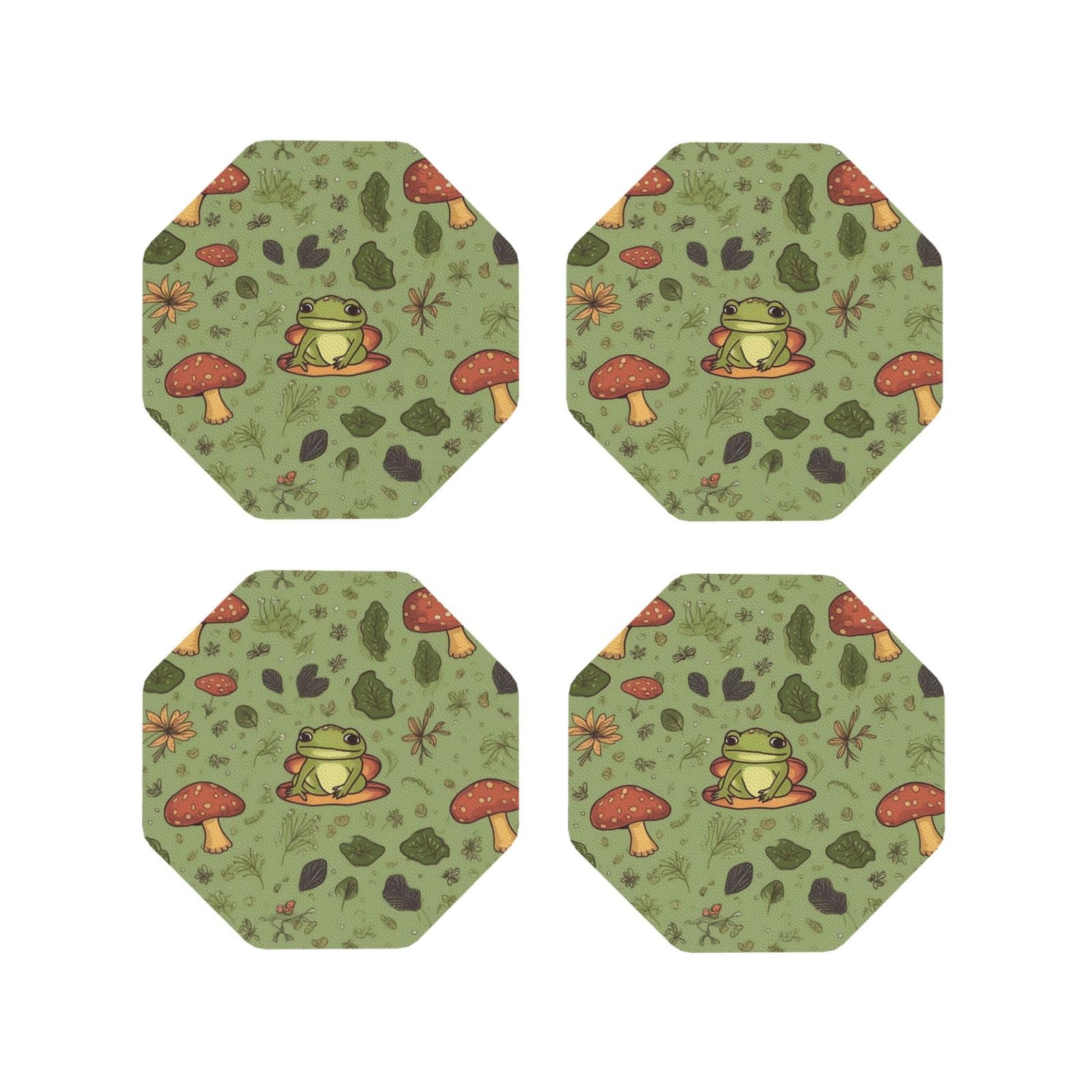 4pcs Drink Coasters for Tabletop Protection, 4" Leather Coasters for Drinks, Frogs and Mushrooms Cup Coasters for Coffee Table Decor, Non-Slip Drinking Cup Mat for Hot Or Cold Drink