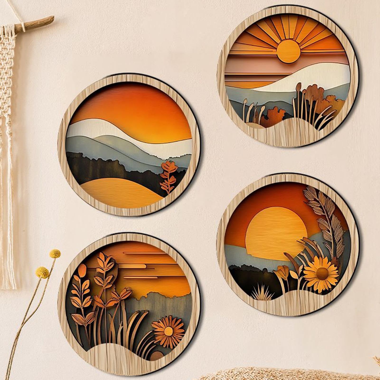 Arte da parete Boemia per soggiorno, decorazione da parete in stile bohemien, per camera da letto, 4 quadri rotondi geometrici in legno rustico, per appartamento, casa di campagna, ingresso