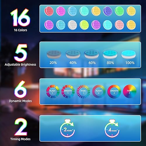 Miniatura 5 de Luces de piscina, luces LED sumergibles con control remoto, IP68 impermeable 16 colores recargables, iluminación subacuática con imán integrado para