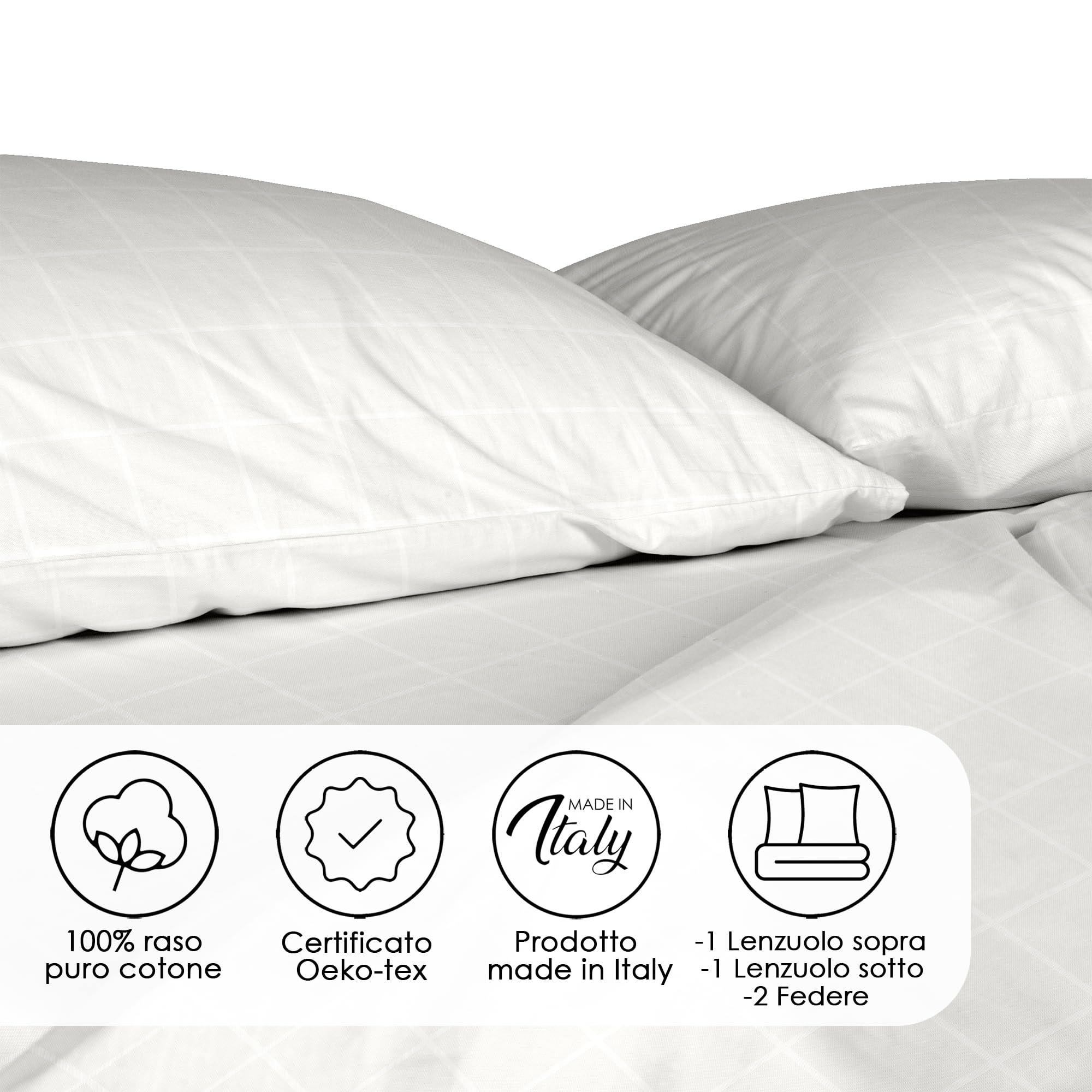 Ruggeri - Completo Letto Matrimoniale Con 2 Federe - Set Lenzuola in Raso Di Puro Cotone - Made in Italy - Collezione Di Raso (Quadri Panna)