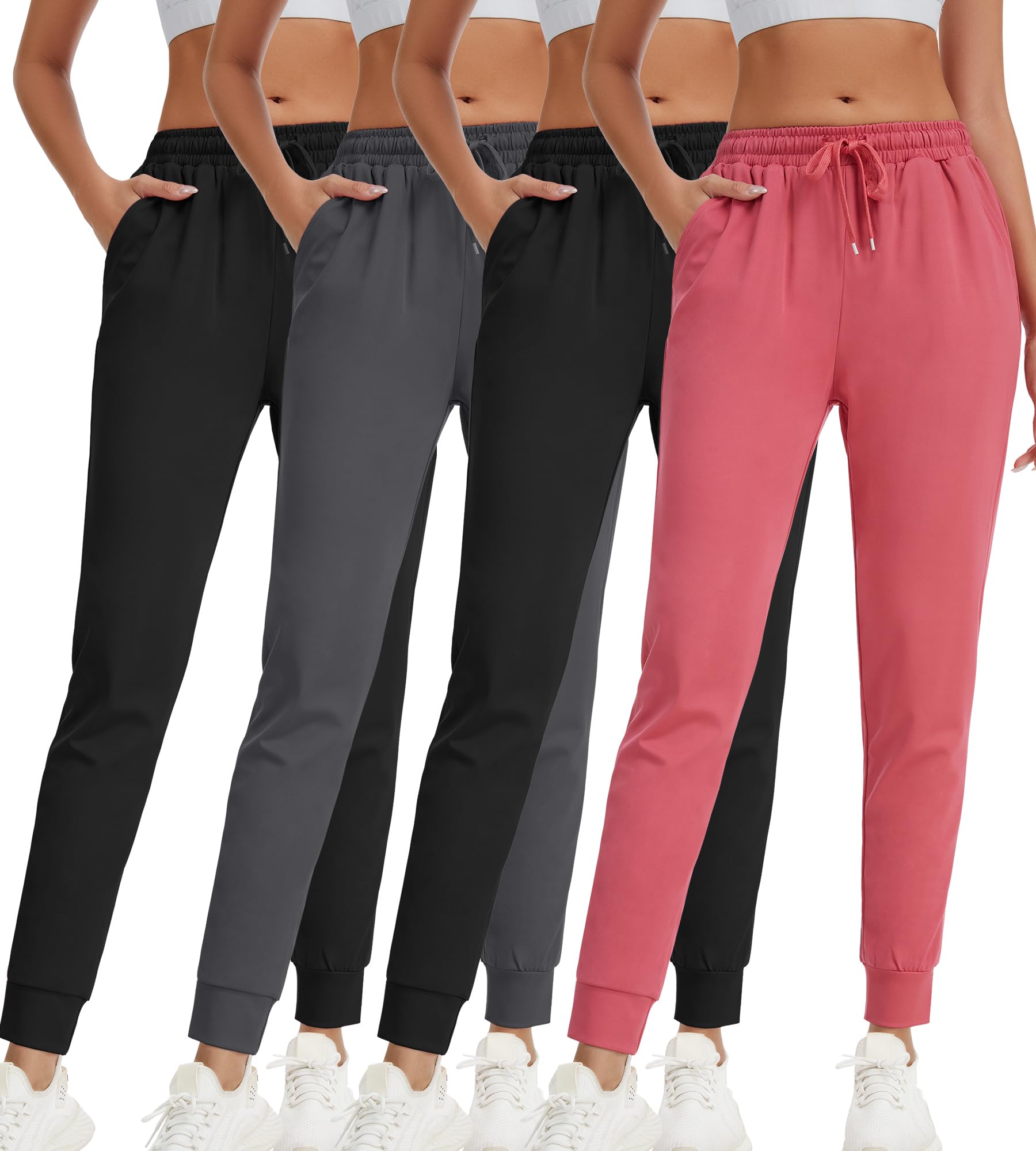 Rolimaka 4 Pack Womens Jogger with Pockets Lightweight Sweatpants Quick Dry Yoga Lounge Pants for Travel Workout Gym
