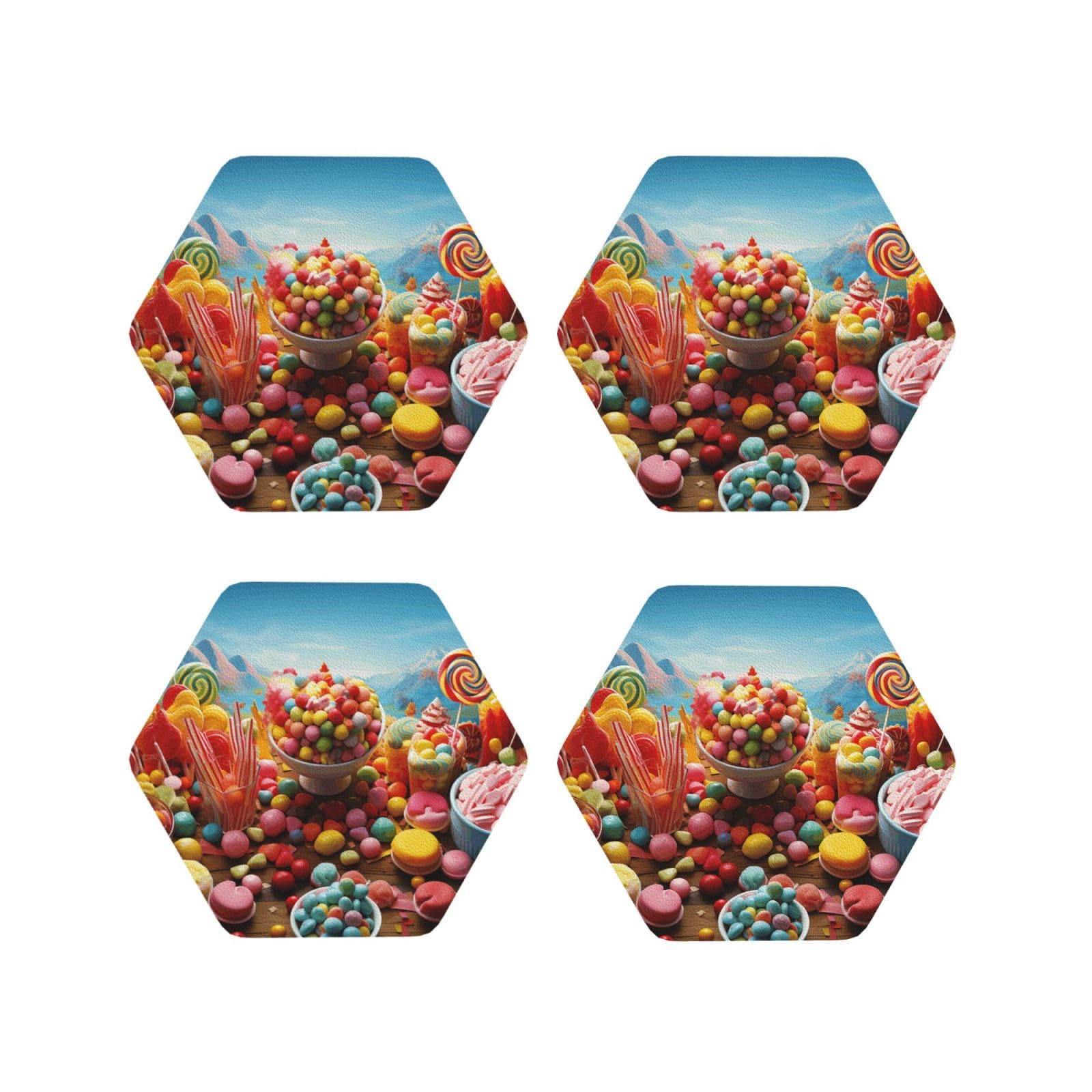 4Pcs PU Leather Coaster for Drinks, Candy Poster Cup Coastersr 4" Cup Mat Pad, Aesthetic Drink Coasters for Coffee Table, Hexagon Coaster for Tabletop Protection