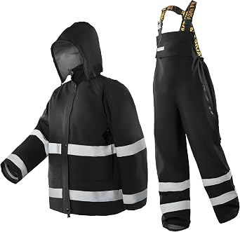 Mens PRO Hi-Vis Waterproof Workwear Rain Jacket & Bib Pants with Hood, 3-Piece Safety Durable Functional Nylon Oxford Shell