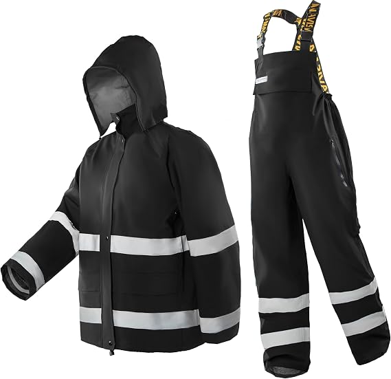 Mens PRO Hi-Vis Waterproof Workwear Rain Jacket & Bib Pants with Hood, 3-Piece Safety Durable Functional Nylon Oxford Shell