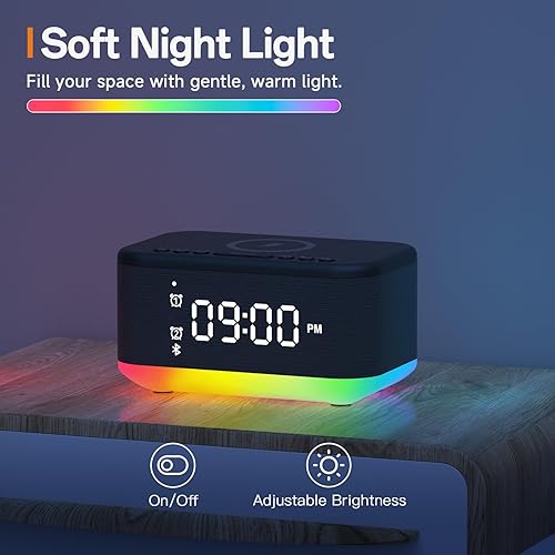 Miniatura 5 de Reloj despertador con altavoz, cargador inalámbrico, despertador digital, para dormitorios, Bluetooth, reloj despertador, luz regulable, para