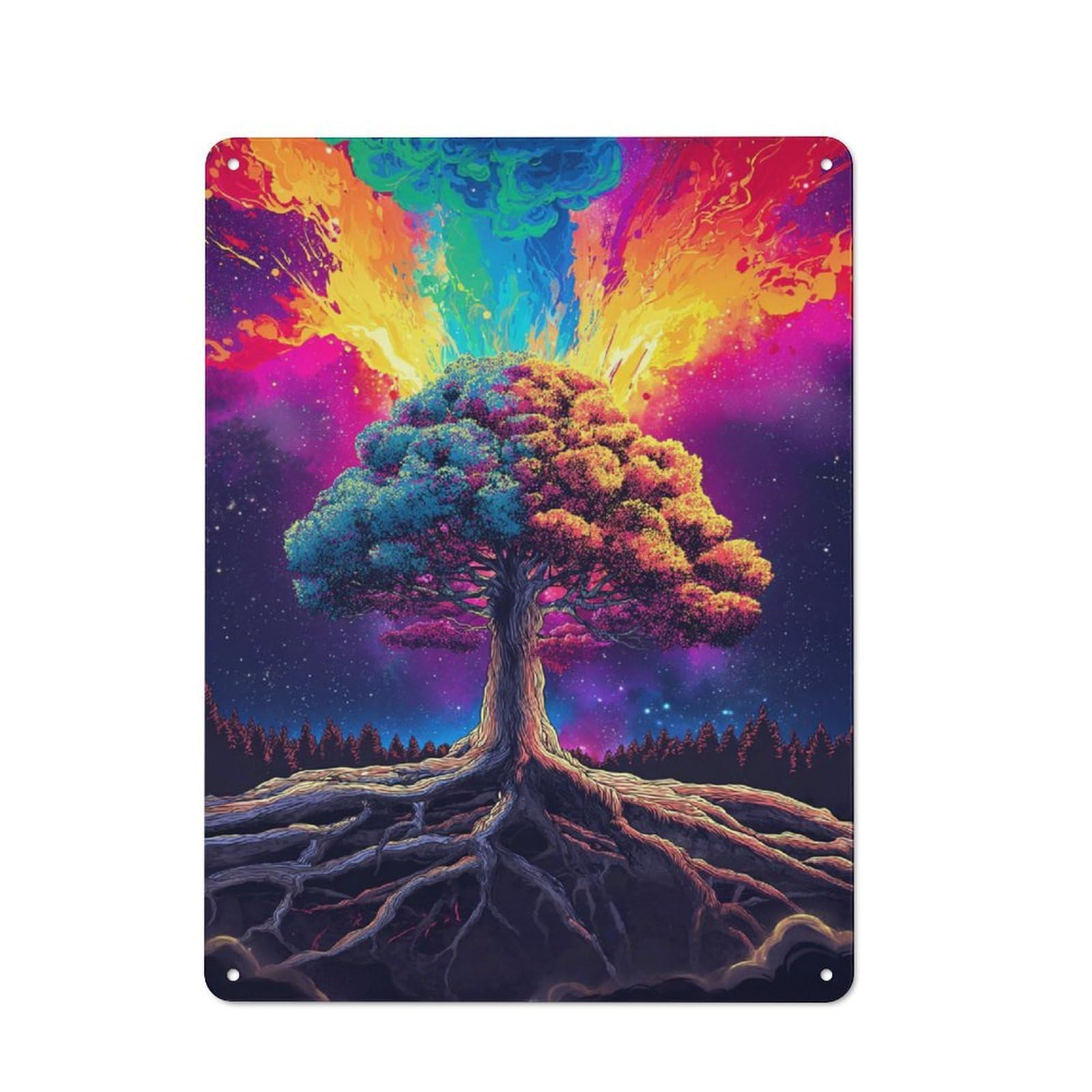 Junmoney Rainbow Tree In Cosmic Garden Shop Front Style Decorative Metal Plaque 40X30cm, Shop Wall Decor For Cafe, Bistro, Bakery Or Restaurant