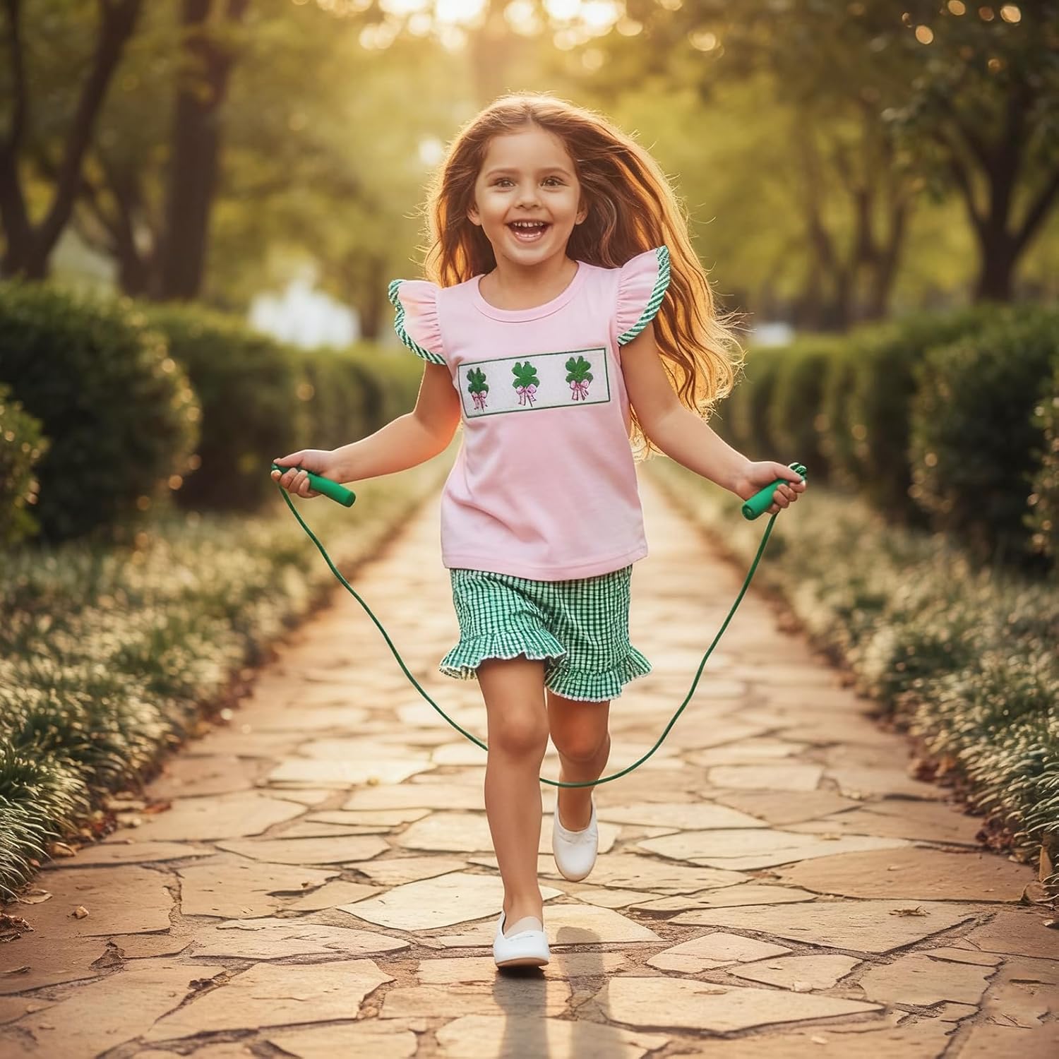 Karuedoo Toddler Baby Girl St Patricks Day Outfit Clover Embroidery Smocked Flutter Sleeve T Shirt Plaid Ruffle Shorts Set - Image 2