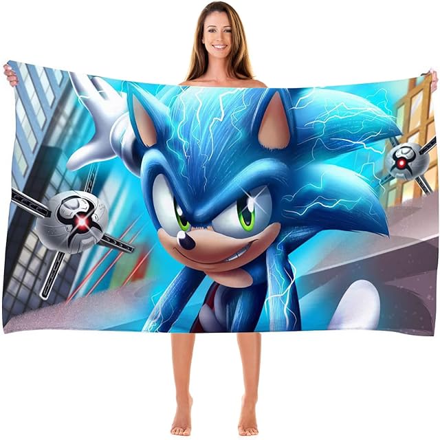 Sonic The Hedgehog Bath Towel 3D Print Beach Towel for Kids Pool Towel Children's Bath Sheets Ultra Soft Super Absorbent Beach Sauna Bathroom Face Towels Teens Adults Daily Use Lightning Sonic