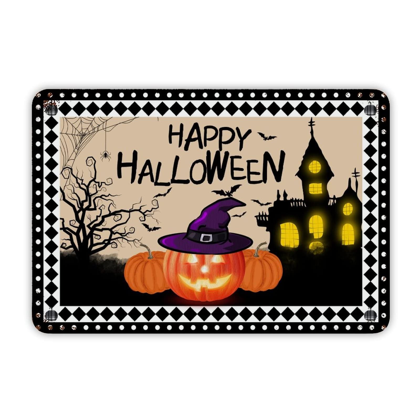 ENEDNATE Happy Halloween House Pumpkin Aluminum Tin Metal Sign for Indoor Outdoor Business Retail Store Patio Yard Home Decoration Easy to Mount Wall Art Print Poster 8x12 Inch