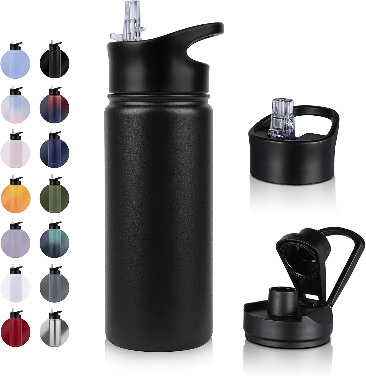 Stainless Steel Drinking Bottle   500 ml   with Straw Leak-Proof Suitable for Carbonated Drinks BPA-Free Thermos Bottle + 2 Lids Vacuum Double Wall Insulation for Sports Travel Camping School Bicycle Gym