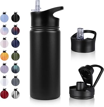 Stainless Steel Drinking Bottle   500 ml   with Straw Leak-Proof Suitable for Carbonated Drinks BPA-Free Thermos Bottle + 2 Lids Vacuum Double Wall Insulation for Sports Travel Camping School Bicycle Gym