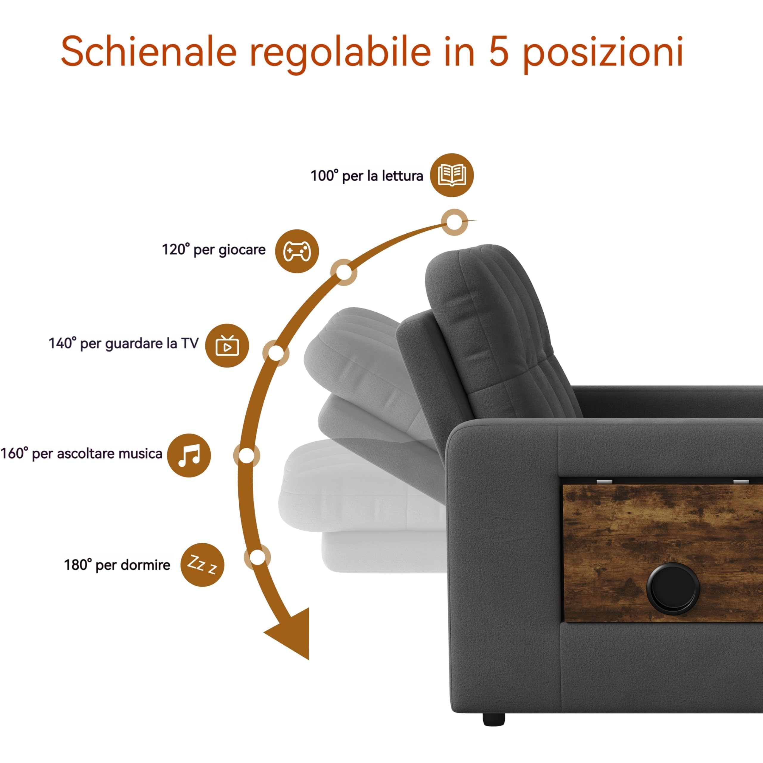 Fotel rozkładany 3 w 1, rozkładany fotel rozkładany z funkcją łóżka, rozkładana sofa, łóżka ze składanymi stołami herbacianymi, regulowany fotel z poduszką, szary, 190 x 108 x 86 cm