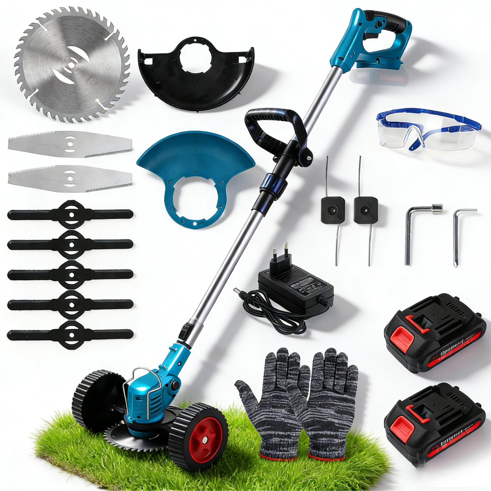 Cortadora de césped inalámbrica, cortadora de césped a batería con 2 baterías de 1500 mAh, desbrozadora eléctrica Ajustable, Recortadora de Bordes con Mango telescópico y Ruedas adicionales