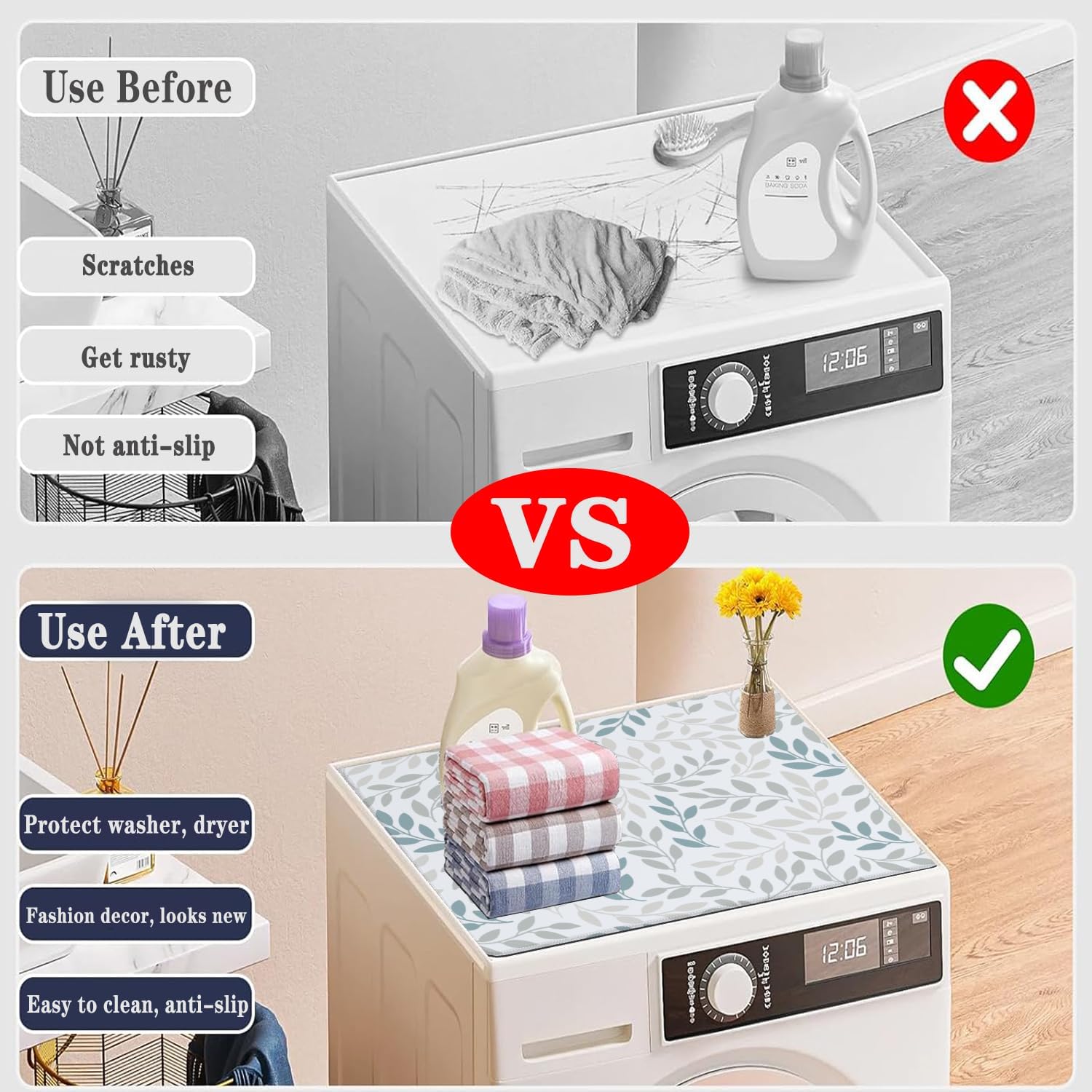 Leaf Washing Machine Dust Cover Pad, Non-slip Washer and Dryer Covers for The Top, Protector Mat for Washer Dryer Aesthetics Home Decor, 23.6