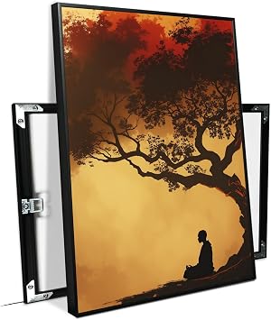 Zen Meditation Canvas Wall Art Silhouette Under Ancient Banyan Tree with Sunset Palette Serene Nature Print for Home Sanctuary and Yoga Studio 20x30in Metal blackFramed