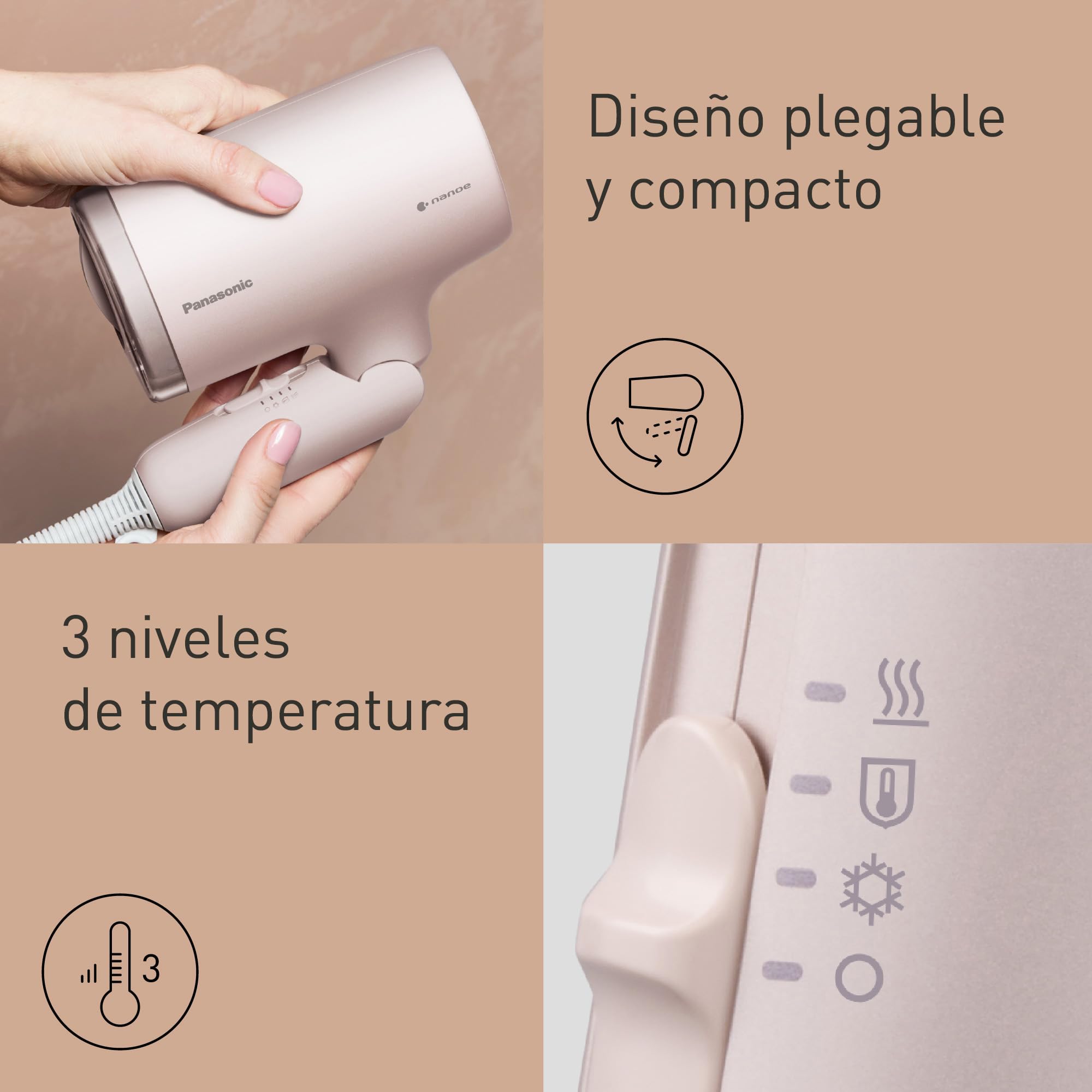 Panasonic EH-NA7M-P825 Nanoe Secador De Pelo para un Cabello Brillante, Diseño Plegable, Secado Rápido, Accesorio Concentrador, 1600 W, Rosa