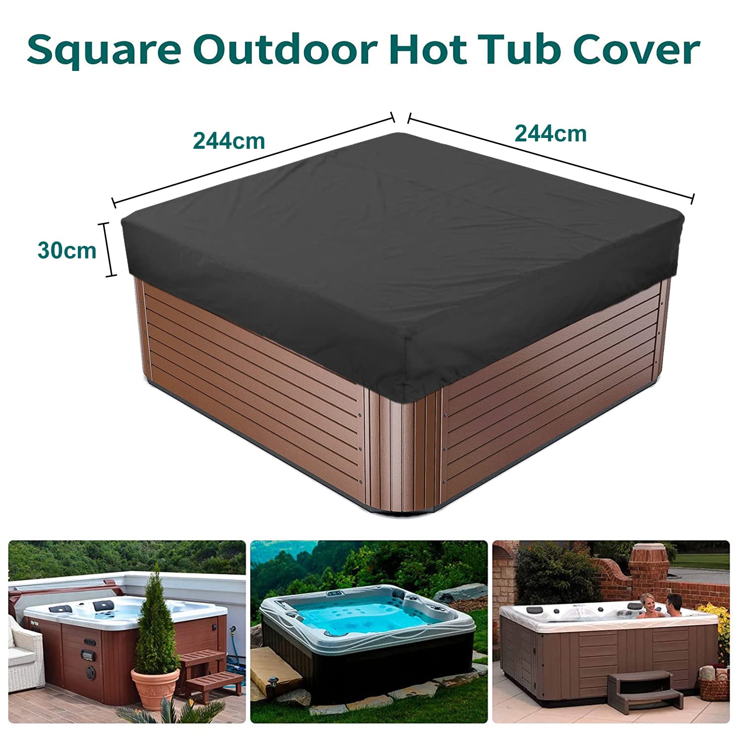 LDIW Funda para Bañera de Hidromasaje Cubierta Protectora Cuadrada para Masaje de Burbujas de SPA Whirlpool Fabricada en Poliéster 210D Antipolvo y Anti UV,Negro,244x244x30cm