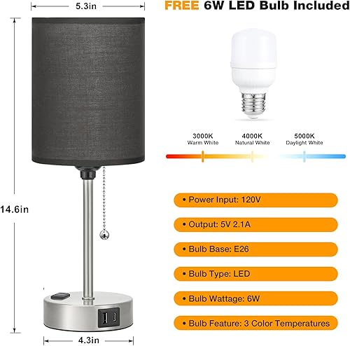 Miniatura 135 de Lámparas de noche pequeñas, 3 modos de color, blanco roto 3000K 4000K 5000K Lámparas de dormitorio con puertos USB C y A, lámparas de mesa de cadena