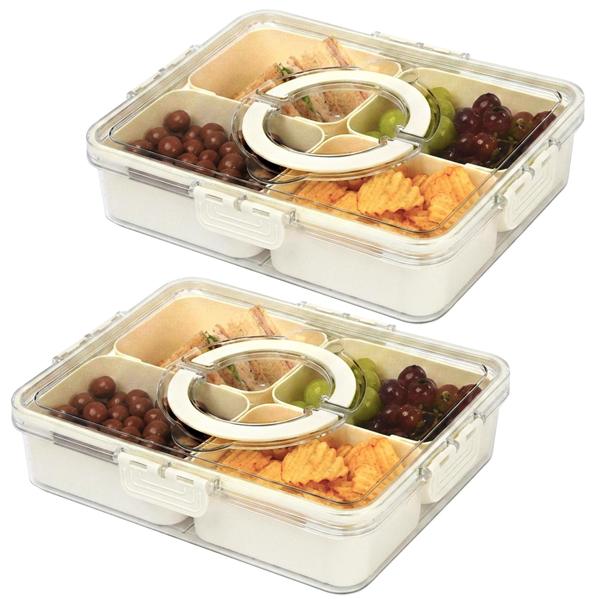 Livivo 4 Compartments 2-Pack Snack Box With Compartments - 4 Removable Trays, Portable Snack Tray With Lid, Handle, Snap Locks - Silicone Seal, Bpa Free - Ideal For Fruit, Snacks, Nuts, Spices, Picnics & Parties