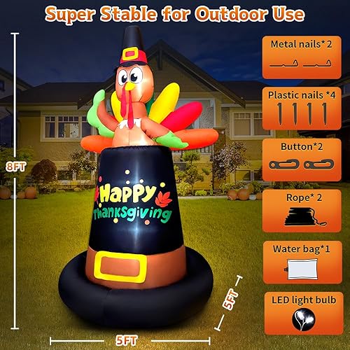 Miniatura 4 de Inflables de Acción de Gracias de 8 pies, decoración al aire libre, pavo inflable sentado en el sombrero de peregrino, luces LED integradas para