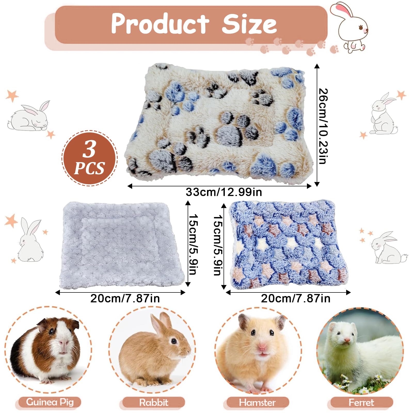 ChAusa 3 Pcs Guinea Pig Bed 26x33cm/15x20cm Small Animal Plush Mat Washable Fluffy Guinea Pig Bed Mat for Bunny Hamster - Image 2