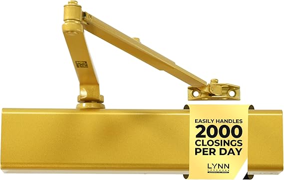 LYNN HARDWARE Heavy Duty Automatic Door Closer (Gold) - Commercial Grade, Contractors Choice, Adjustable Speed & Force, Delayed Closing Timer, 3 Mounting Options, 3 Hour Fire Rated (DC8016 Model)