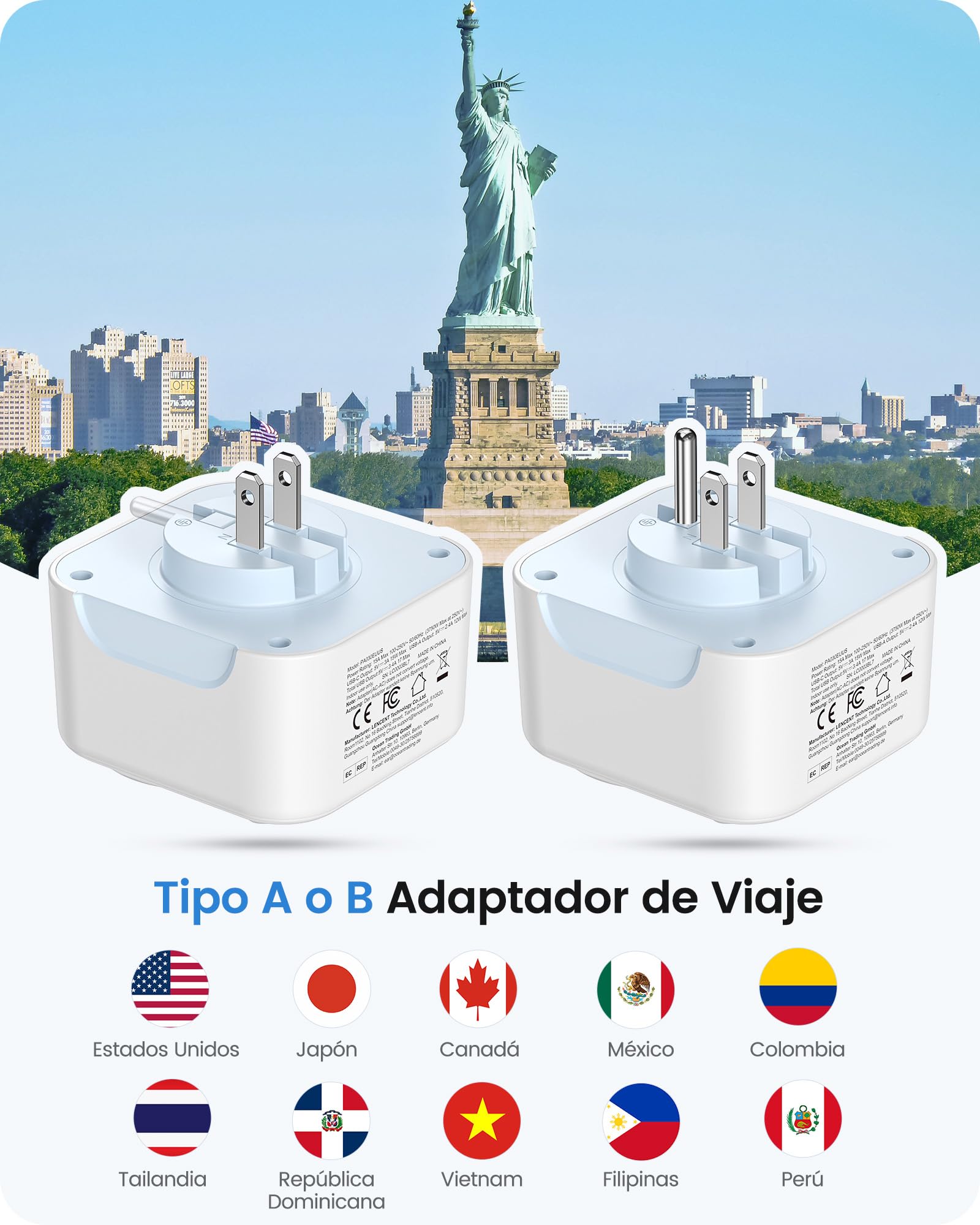 LENCENT Tipo A y Tipo B Combinación Adaptador Enchufe Plegable, Adaptador Corriente de Viaje para EE.UU., Canadá, México, Tailandia, Japón, Vietnam, República Dominicana, Costa Rica, Colombia — view 3
