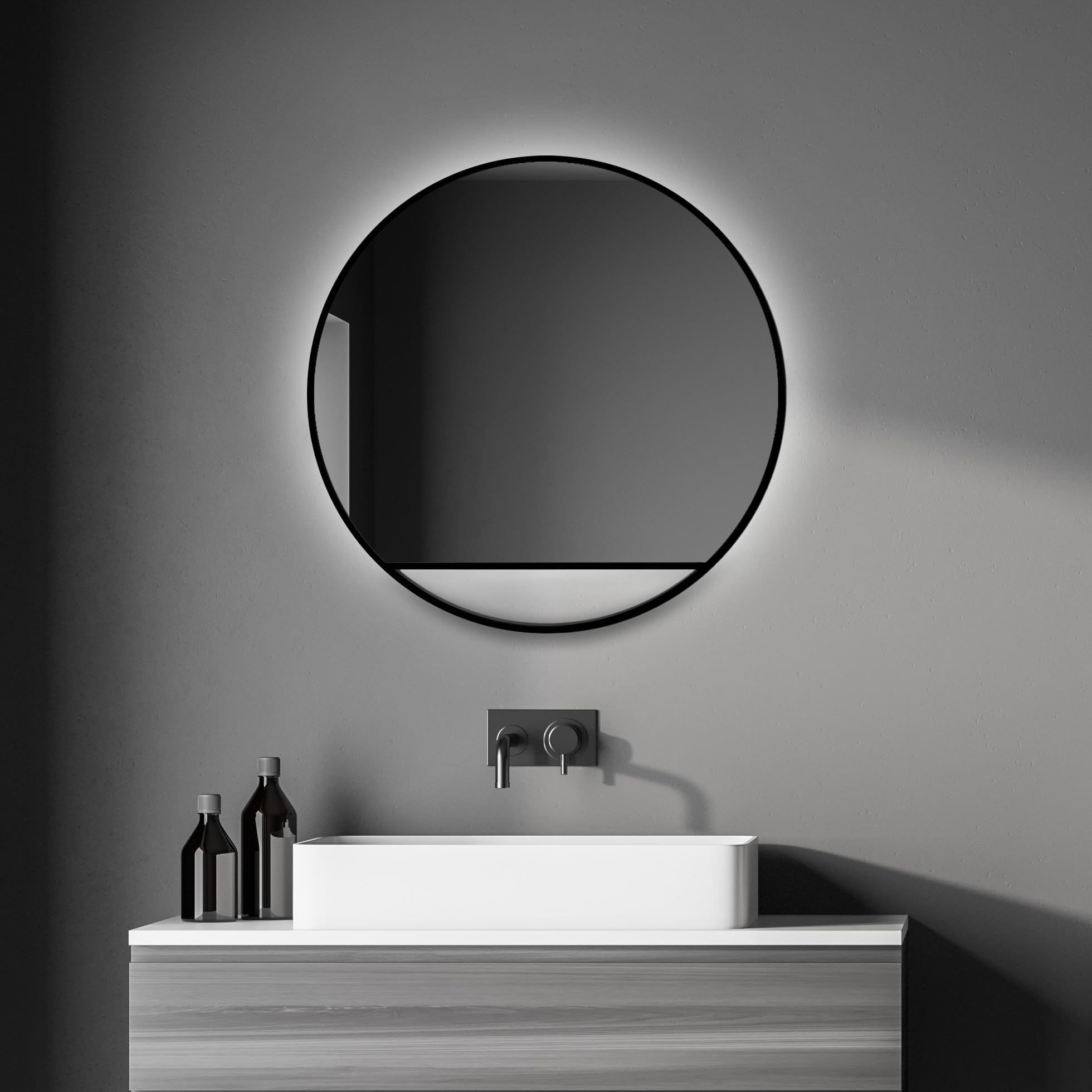 Talos Decorative Wall Mirror Black Hole Light Indirect LED Lighting in Matt Black Diameter 60 cm