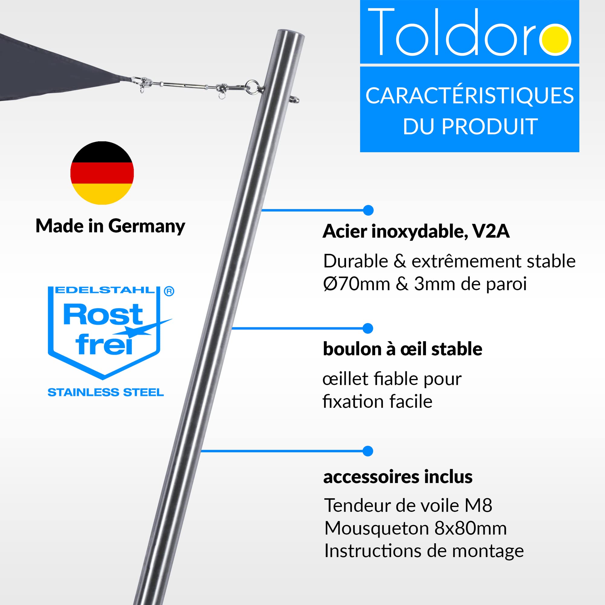 Toldoro® Mât pour Voile d'ombrage 3,5m Ø70mm, poteaux en Acier Inoxydable V2A avec boulons à œil Inclus dans la Livraison avec Douille au Sol pour la Fixation pour Voile d'ombrage