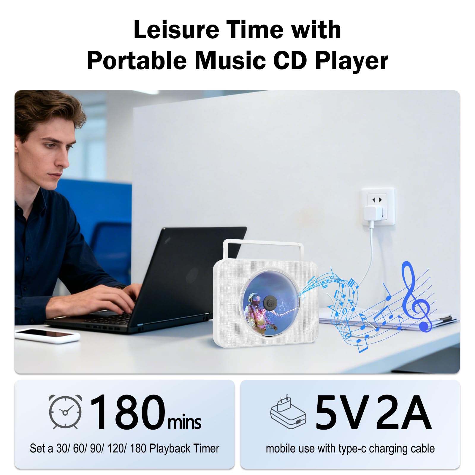 Lettore CD Portatile Bluetooth, lettore CD HIFI Stereo con supporto da tavolo, lettore musicali con telecomando con doppi altoparlanti HIFI integrati, porta USB, presa per cuffie AUX da 3,5 mm