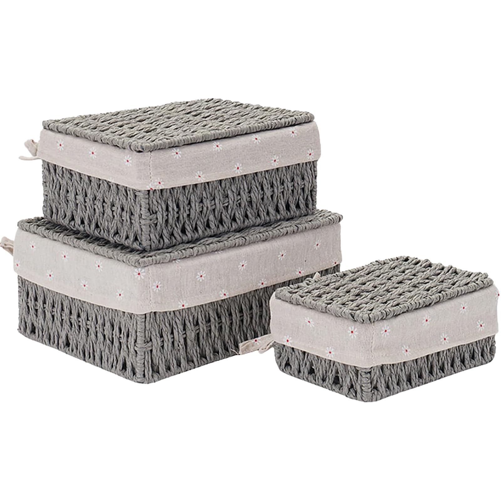 Kongming Cesta Mimbre, 3 piezas Cajas Almacenaje Bohemia Decorativas Tejida Cestas Almacenaje con Tapa y Forro para Dormitorio, Baño, Armarios (gris)