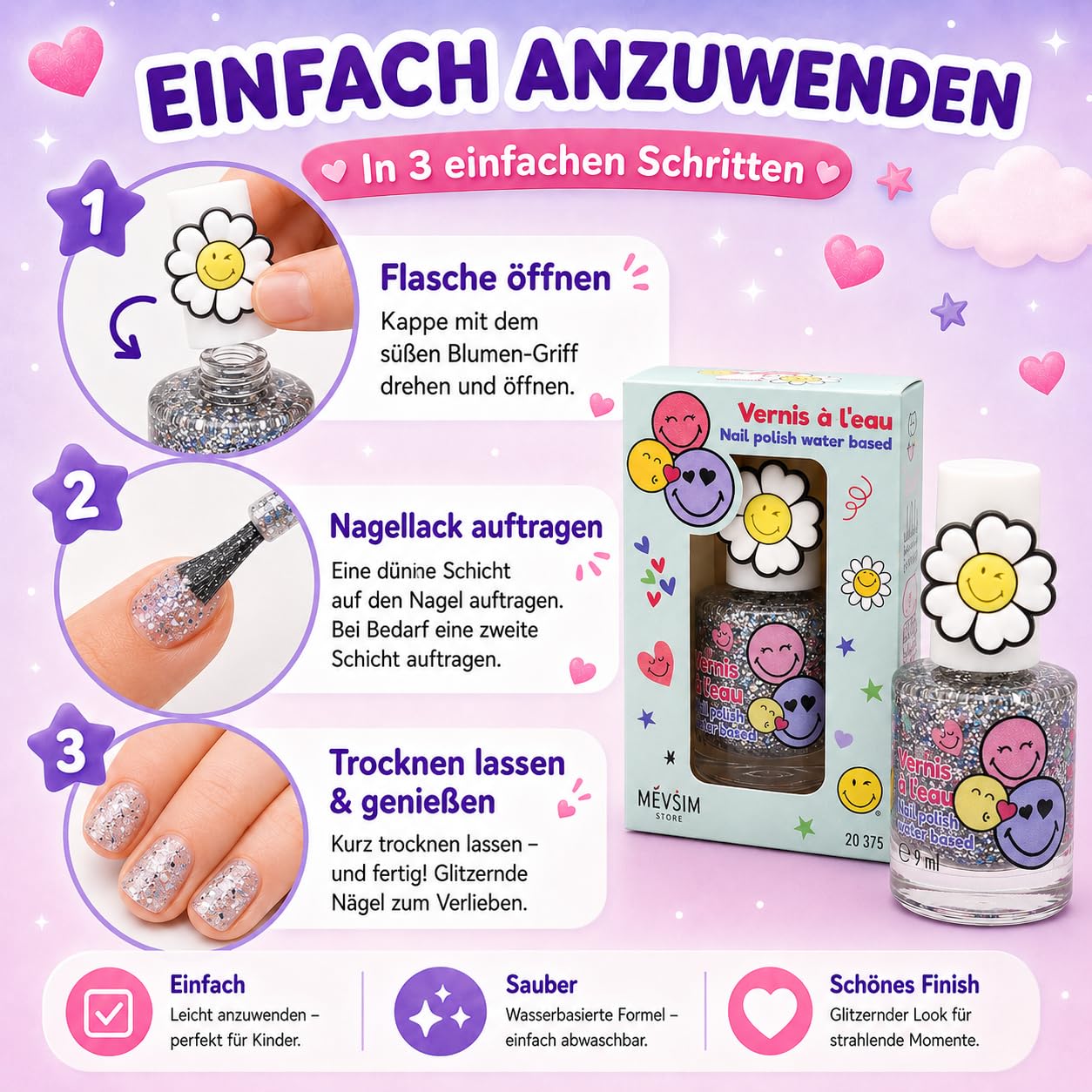 Smiley Esmalte de Uñas al Agua Peel Off Pack 2 – Esmalte No Tóxico Base Agua, Sin Olor, Secado Rápido y Fácil de Quitar – Maquillaje Infantil y Adultos – 2 x 9 ml