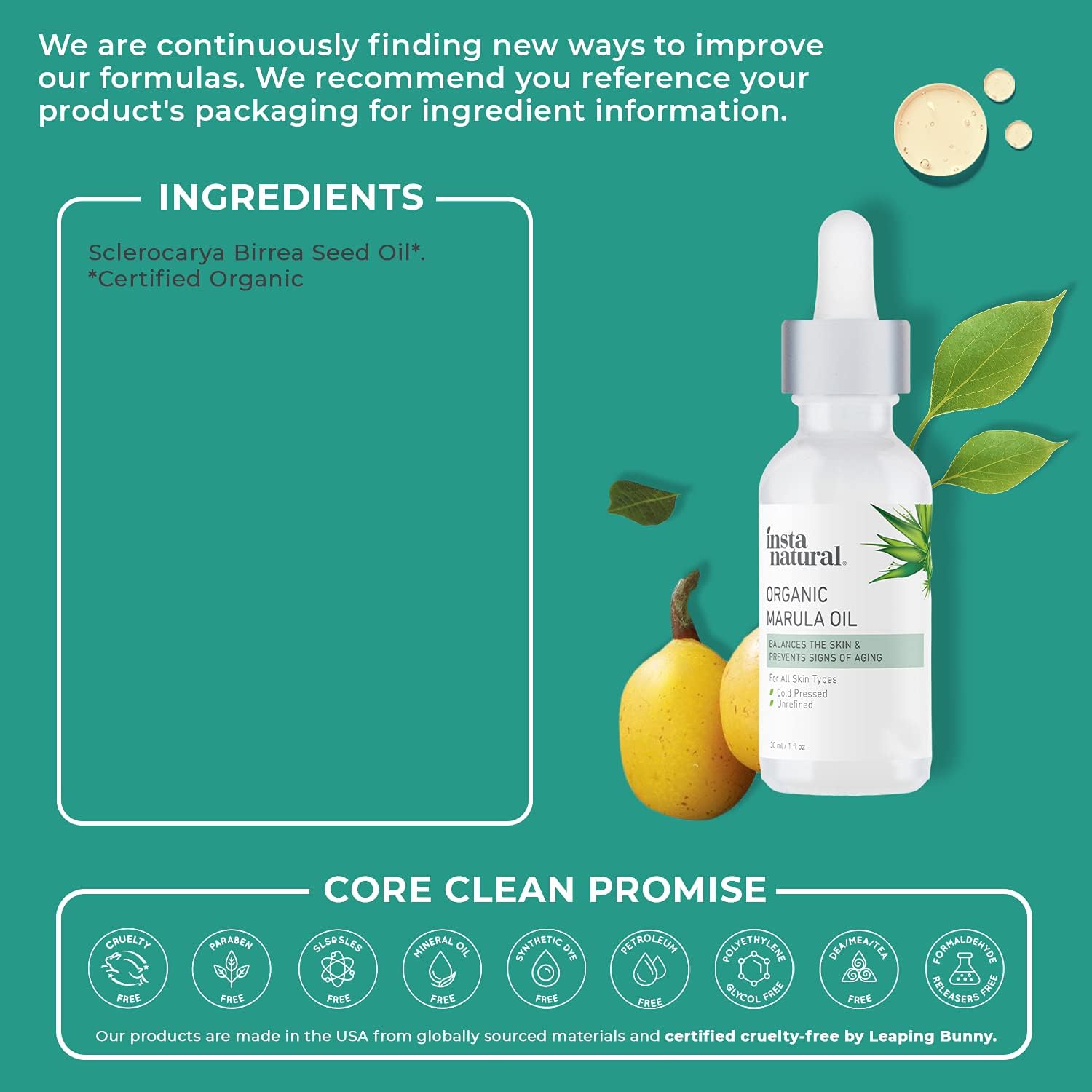 Organic Marula Oil - 100% Pure, Non GMO, Cold Pressed, Unrefined, Moisturizing and Balancing for Hair, Body, Hands or Cuticle & Normal to Oily Skin - Complete Organics by InstaNatural - 1 Fl Oz