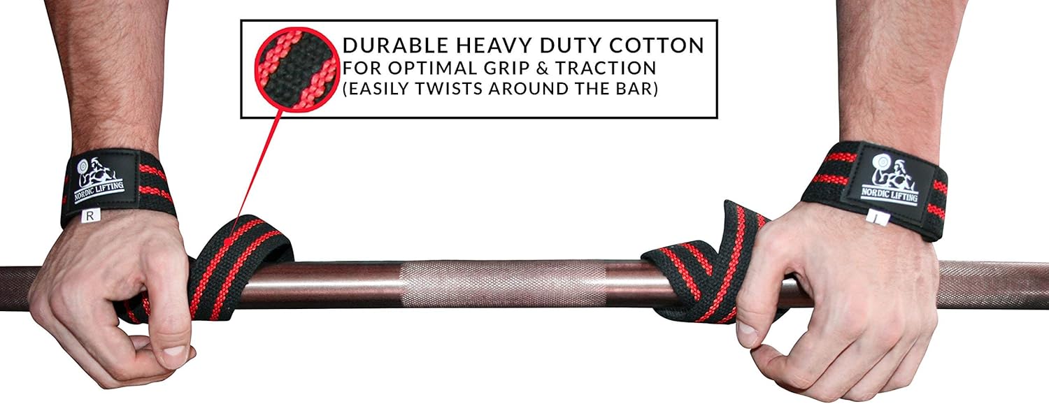 Nordic Lifting Elbow Compression Sleeves (1 Pair) Medium and Wrist Wraps + Lifting Straps (2 Pairs) Red