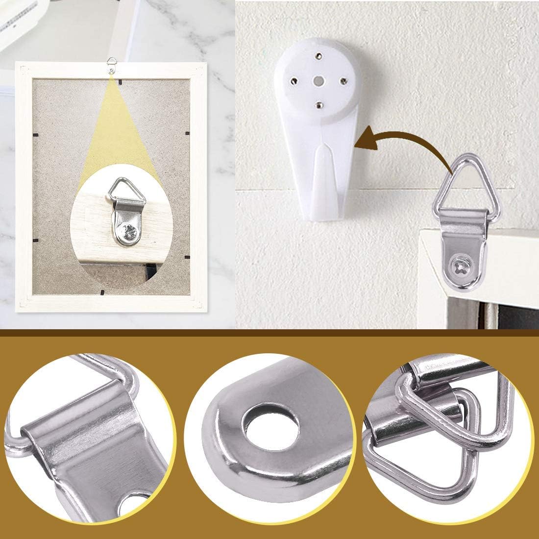 110Pcs Small Triangle Ring Picture Hangers Frame Hanging Hangers Single Hole with Screws for Wooden Frame and Cross Stitch