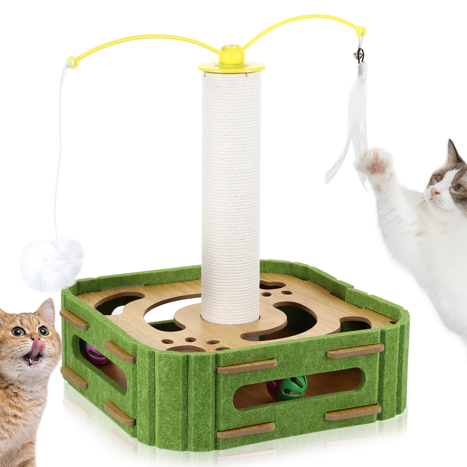 Cat Scratching Post, Multifunctional Cat Scratch Post Sisal Rope Wooden Scratching Posts for Indoor Cats with Feather Teaser, Toy Balls, Maze Track, Bell Ball (Green)