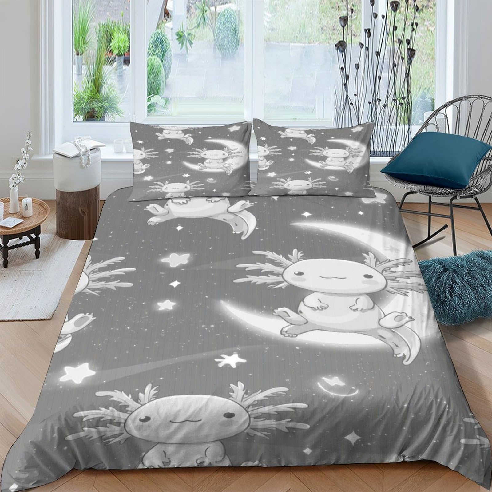 Ctjqhvkz Style-9 3D Printed Cute Axolotl Fitted Sheet Microfiber Soft Grey Cartoon Moon Mattress Cover For Bedroom Dorm Single（135X200cm）
