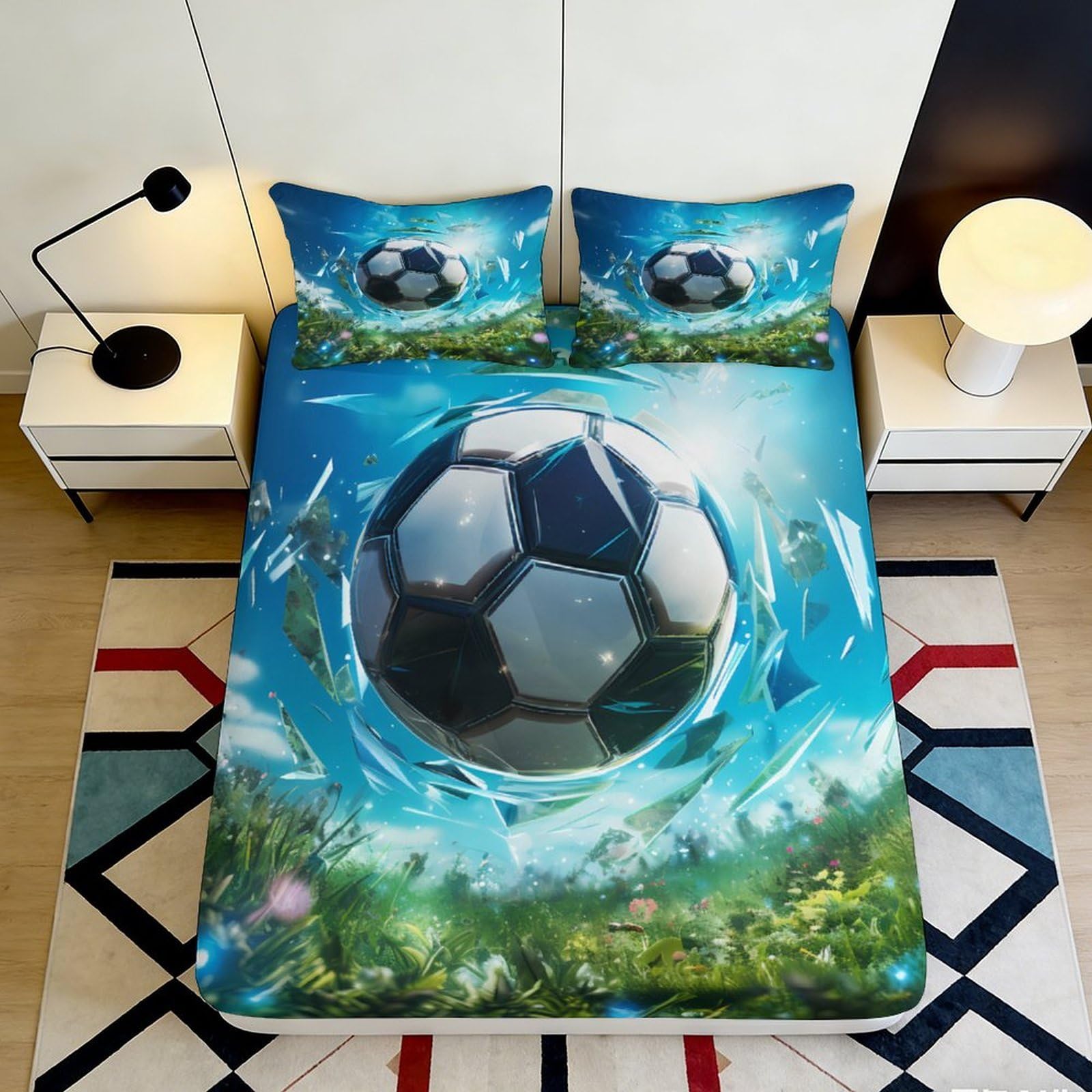 3D Printed Soccer Explosion Fitted Sheet Microfiber Blue Green Bed Cover Anti-Slip Easy Care for Bedroom Guest Room 140x200x25cm