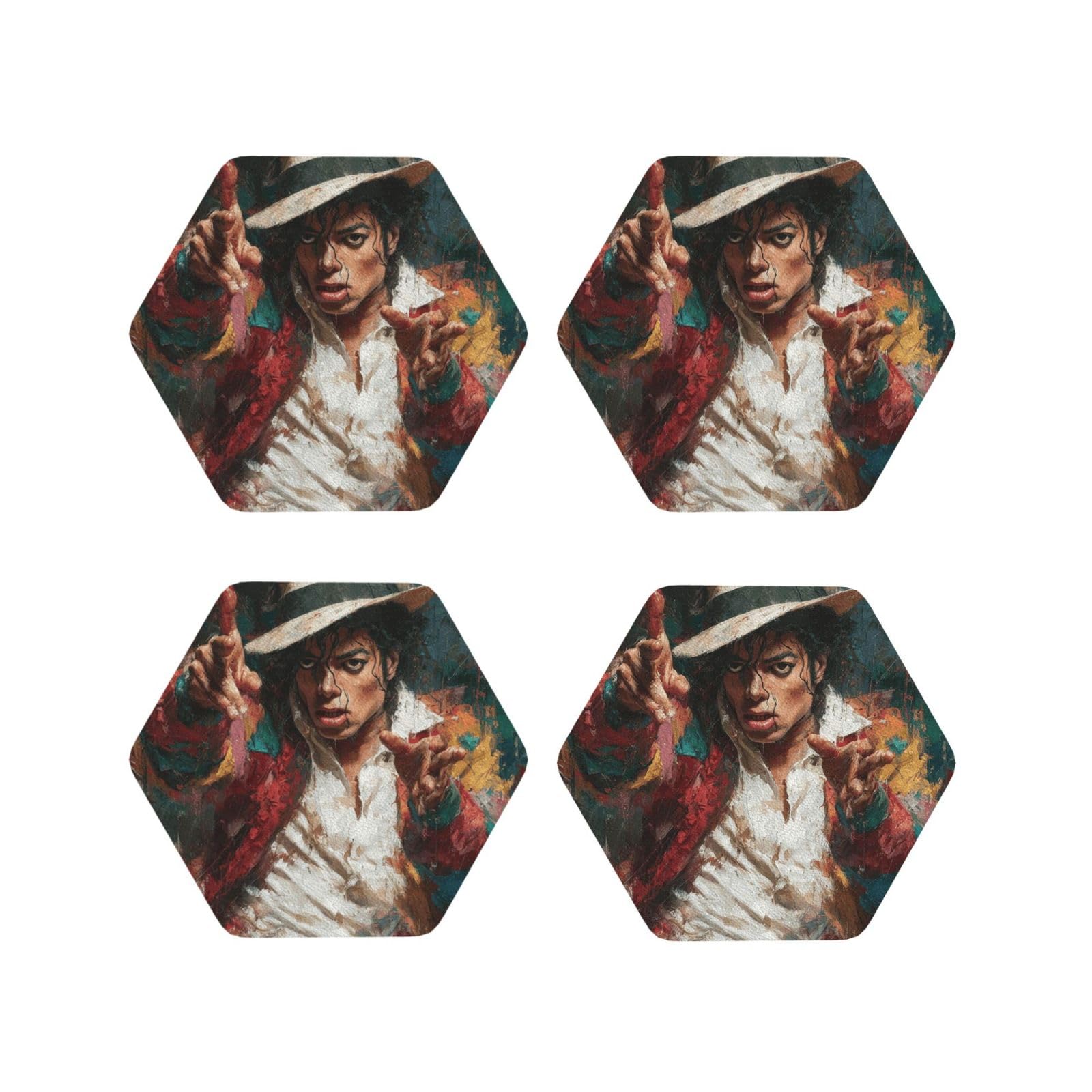 Coasters Set of 4 Round Leather Coaster Quick-Dry Drink Michael Jackson Coasters for Desk Absorbent Mugs Pads Tabletop Protection Pad Heat Resistant Coffee Cup Mat for Kitchen Bar