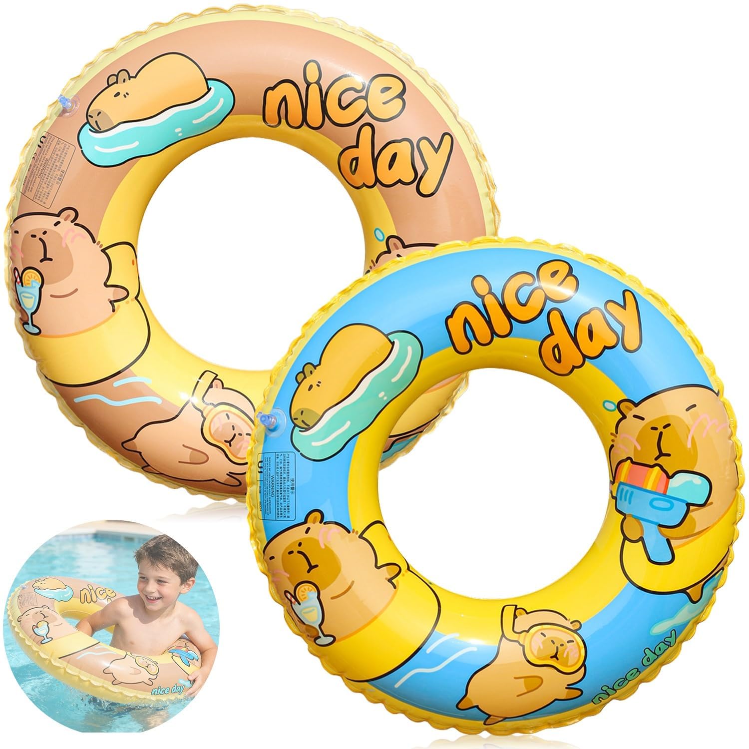 2pcs Inflatable Swim Ring, Capybara Pool Swimming Ring for Boys Girls Pool Beach Floats for Summer Water Party
