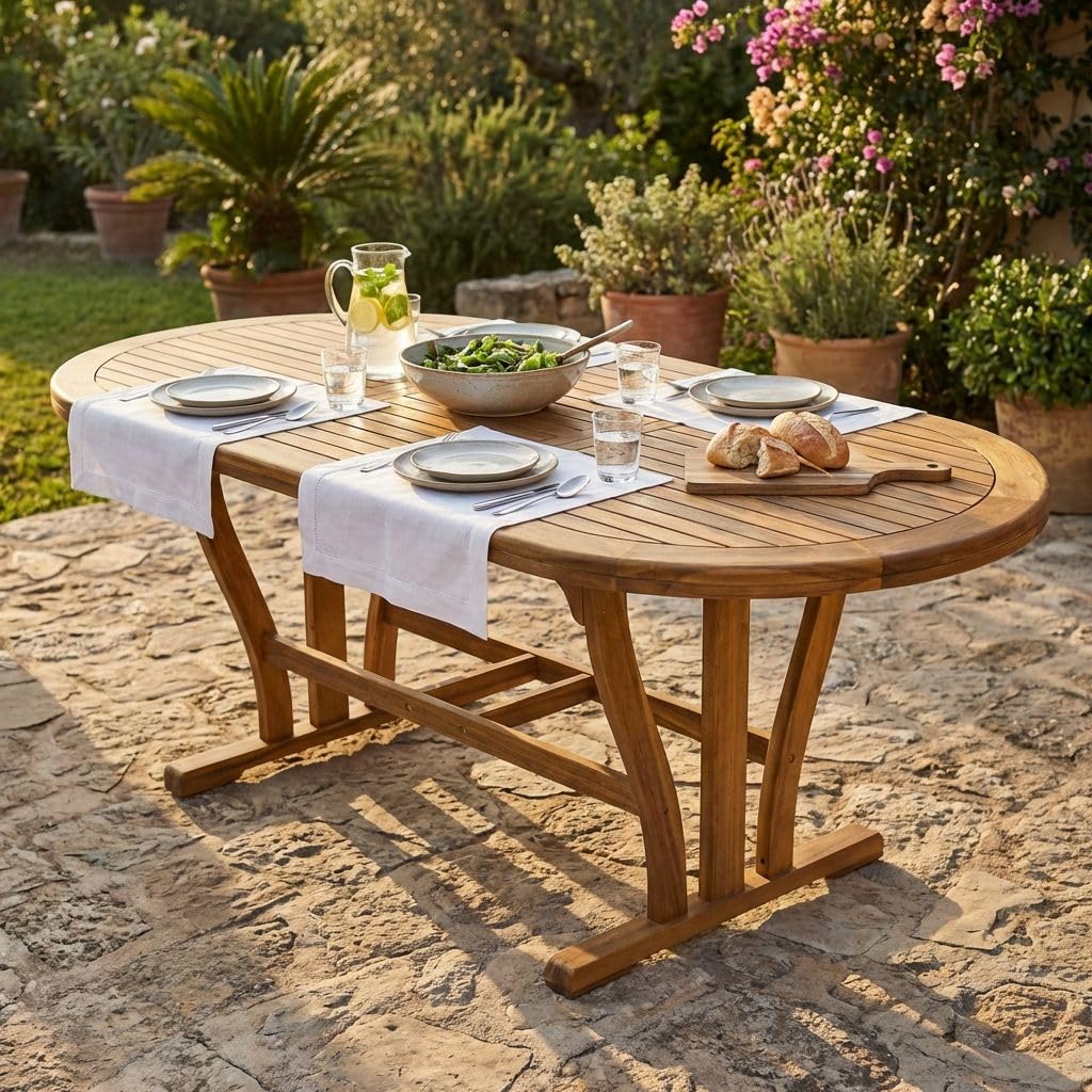 MilaniHome Tavolo Ovale Allungabile in Legno di Acacia 150/200 X 90 per Esterno Giardino Portico Ristorante Bar Hotel Albergo Agriturismo
