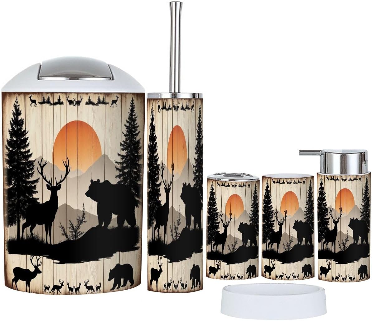 Bathroom Accessories Set 6 Pcs Rustic Cabin Farmhouse Woodland Bear Deer Country Forest Toothbrush Holder Cup Soap Dispenser Soap Dish Toilet Brush Holder Trash Can for Countertop Decor