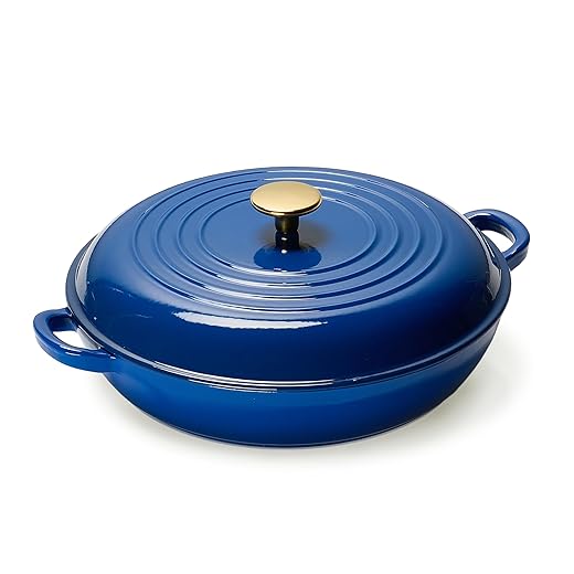 CAROTE 3.4QT Enameled Cast Iron Braiser Pan, Shallow Dutch Oven Casserole Skillets, Non-Toxic Cast Iron Pot with Lid for Grilling, Searing, Baking, Dual Handles, All Stovetop Compatible, Blue